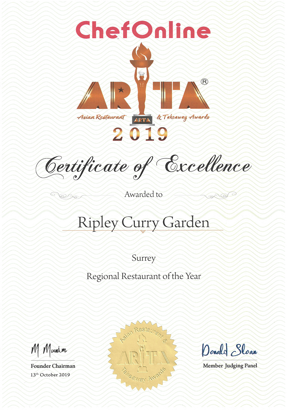 ARTA 2019 Certificate Ripley Curry Garden